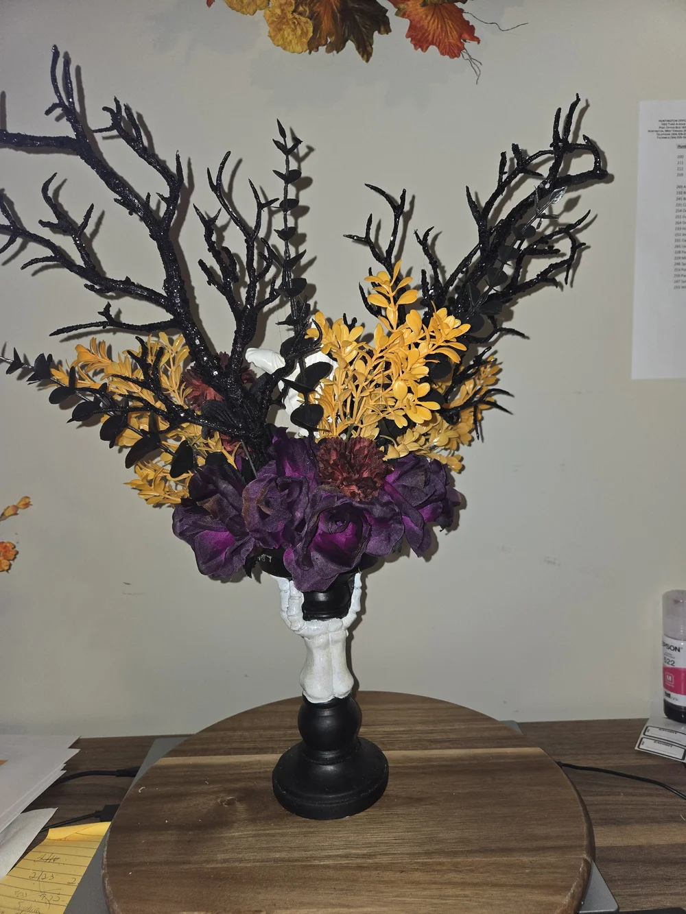 Halloween Faux Floral Arrangement with Purple, Orange & Black Accents W/ Ghost